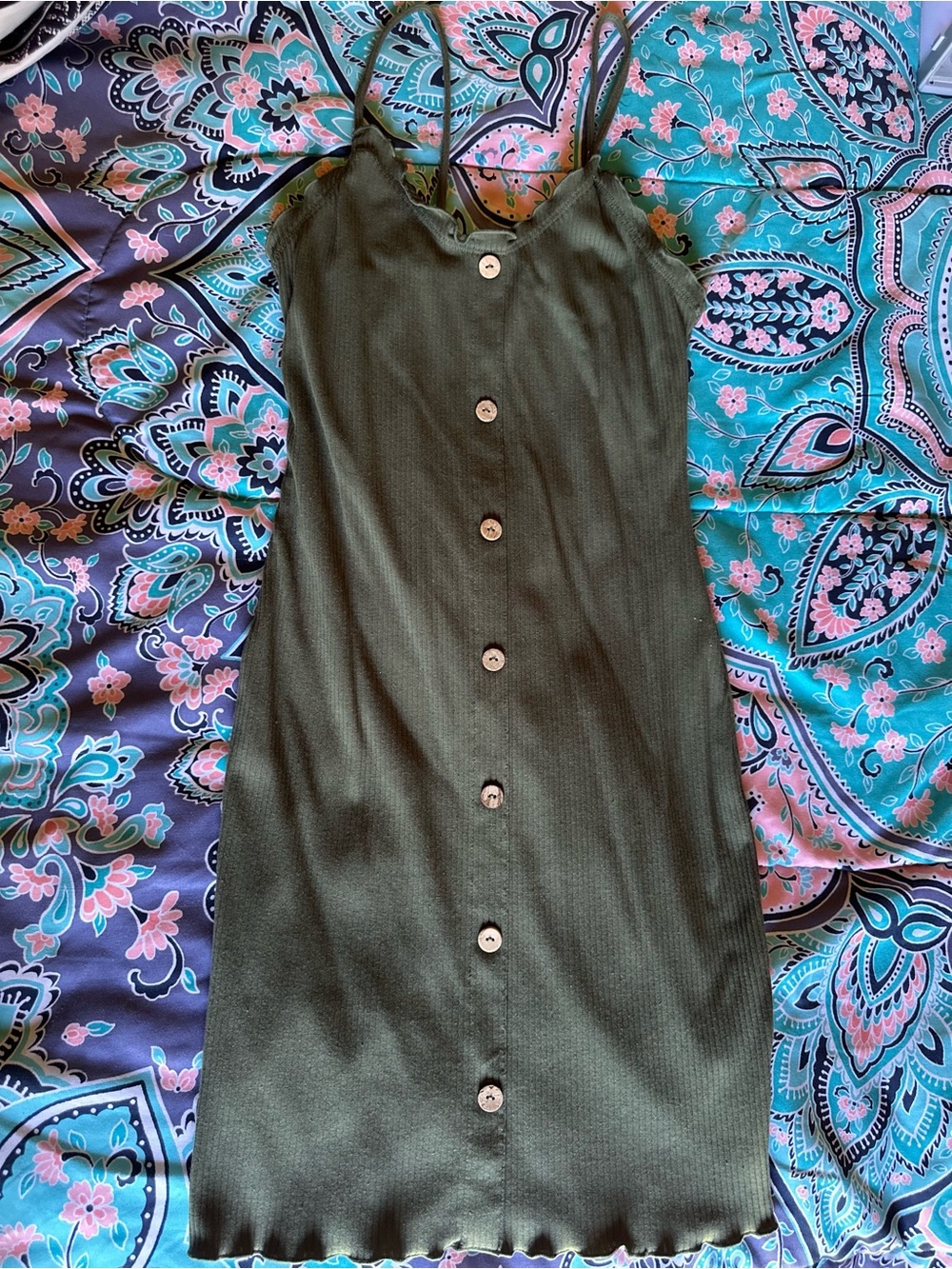 Button-Front Olive Midi Slip Dress with Thin Straps